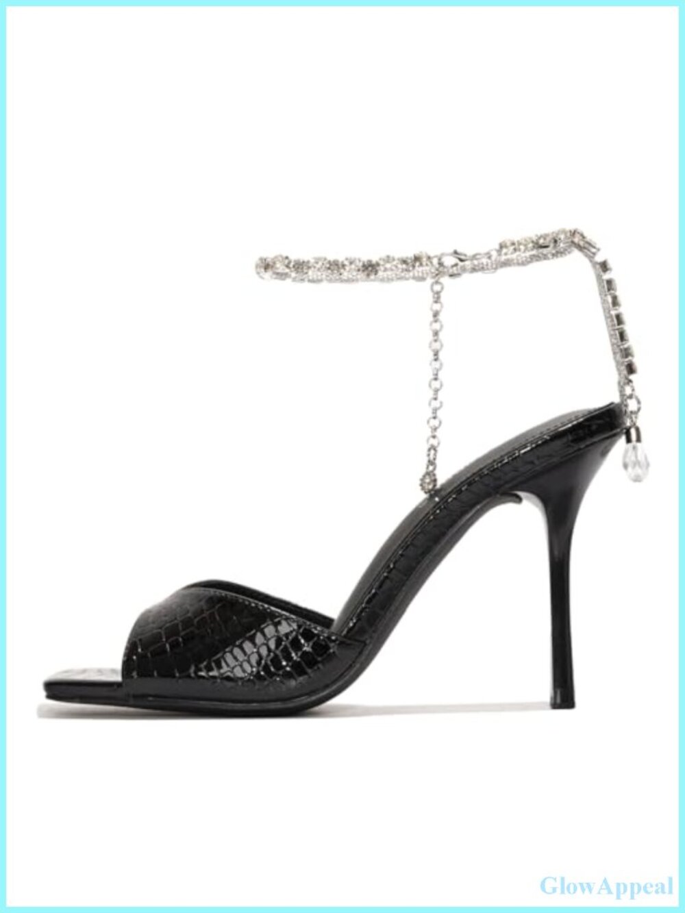 Crocodile Embossed Rhinestone Ankle Strap High Heel Sandals